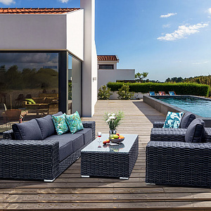 Rattan furniture set OUTDOOR Madeira (3-seater sofa, 2 armchairs, table). Graphite