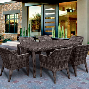 Rattan furniture set OUTDOOR Morocco (table, 6 chairs), narrow weave. Brown