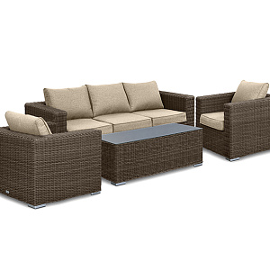 Rattan furniture set OUTDOOR Florida (3-seater sofa, 2 armchairs, table). Brown