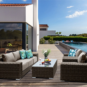 Rattan furniture set OUTDOOR Madeira (3-seater sofa, 2 armchairs, table). Brown